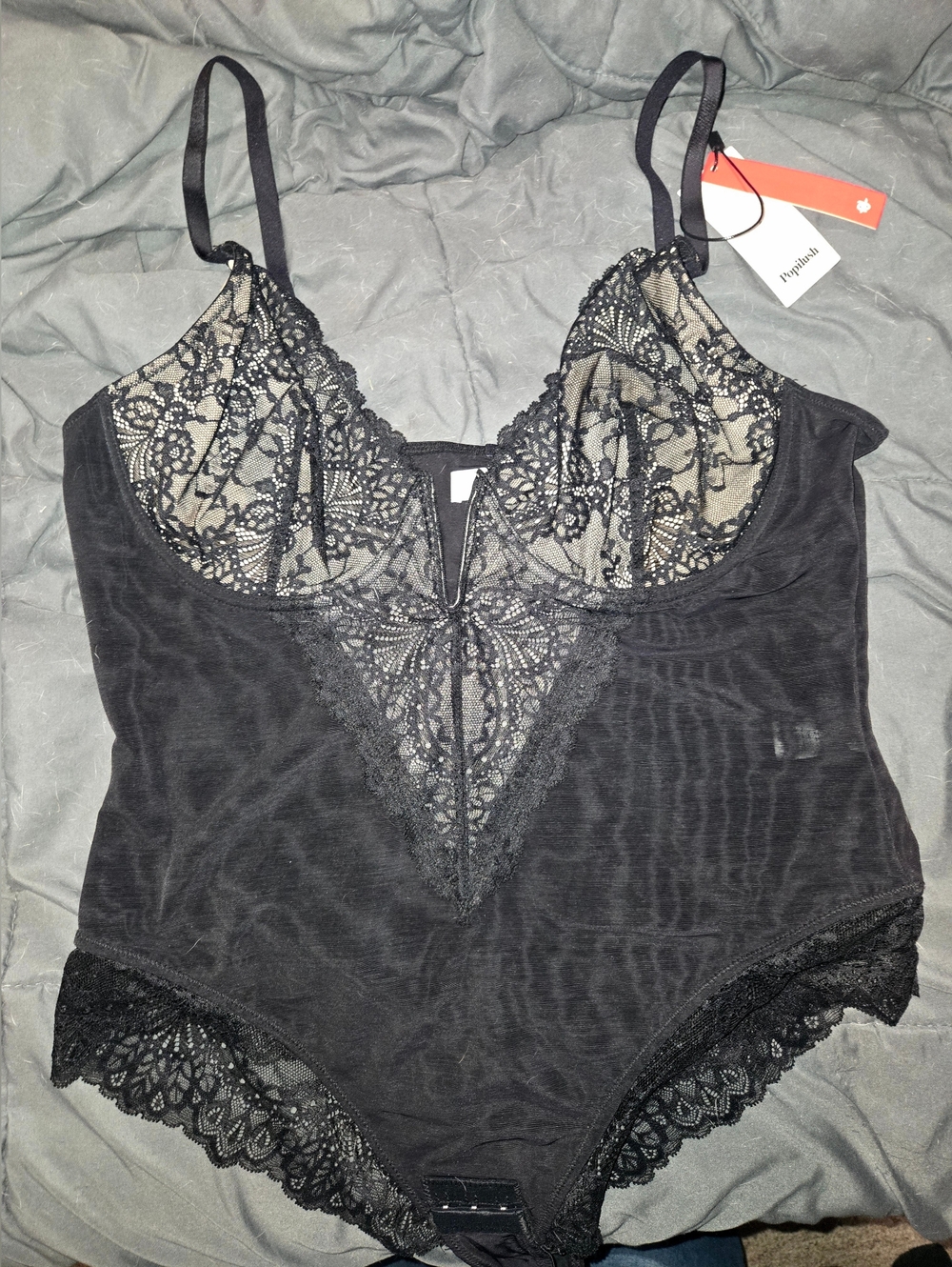 Popilush- Black Lace Bodysuit with Sheer Cups